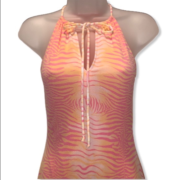 Y2K GUESS Animal Print Split Neck Mini Dress Sunset Orange Pink S Cocktail Party - Picture 4 of 16